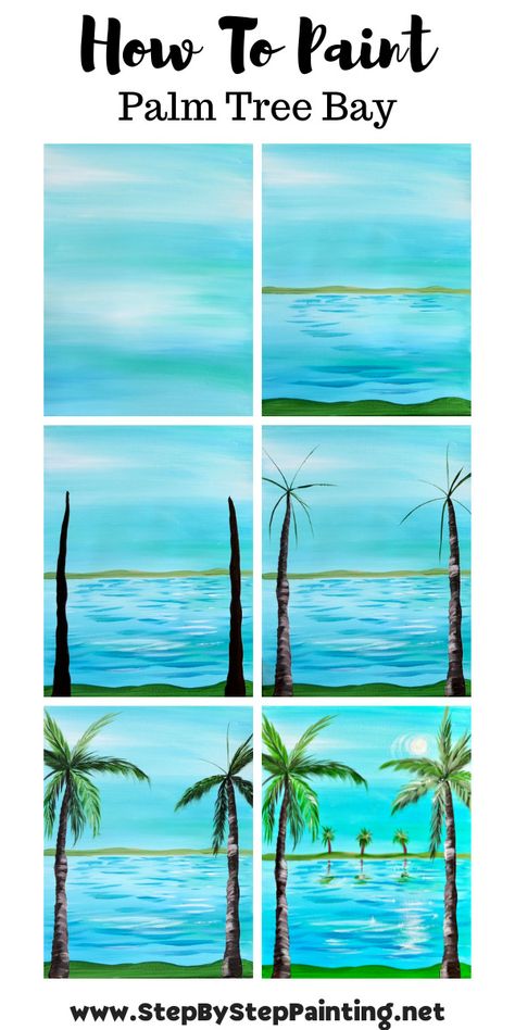 How To Paint Palm Trees - Acrylic Painting Tutorial For Beginners Painting Palm Trees Acrylics, How To Paint Palm Trees, Painting Palm Trees, How To Paint Step By Step, Simple Acrylic Paintings Step By Step, Easy Sip And Paint Ideas Step By Step, Sip And Paint Ideas For Beginners, Beach Art Painting, Palm Trees Painting