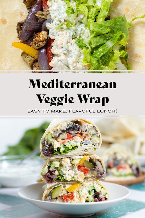 Try this Mediterranean Veggie Wrap if you're looking for a healthy vegetarian lunch or light dinner! It's made with mashed chickpeas, homemade tzatziki sauce, creamy hummus, and roasted colorful roasted veggies. This wrap requires minimal work and it's super versatile so you can add things or leave them out based on your preference. It's easy to make, healthy, flavorful, and packed with protein! Mediterranean Pita Wrap, Mediterranean Veggie Wrap, High Protein Vegetarian Wraps, Mediterranean Wraps Vegetarian, Veggie Wraps Recipes Healthy, Lunch Wraps Healthy, Vegetarian Wraps Recipes, Tzatziki Wrap, Mediterranean Wraps