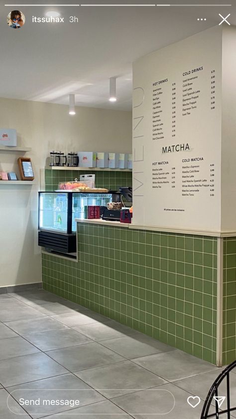 Matcha Cafe Design, Cafe Cashier Counter Design, Matcha Cafe Interior, Coffee Bar Green, Green Cafe Interior, Cafe Interior Vintage, Cafe Design Inspiration, Colorful Cafe, Cafe Interiors