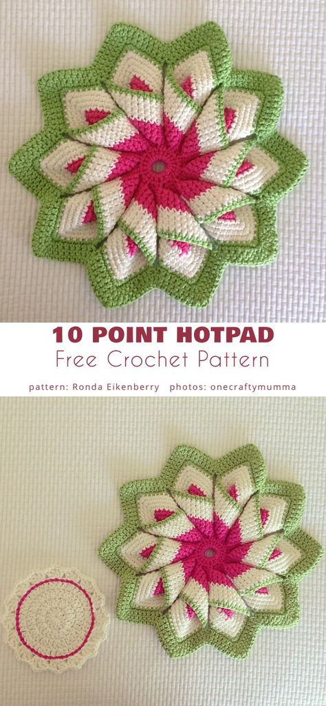 10 Point Hotpad Crochet Pot Holders Free Pattern, Crochet Potholder Patterns, Crochet Hot Pads, Granny Square Crochet Patterns Free, Cozy Crochet Patterns, Potholder Patterns, Crochet Easy, Crochet Potholders, Crochet Dishcloths