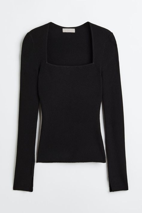 Square Necked Top $34.99 Rib Knit Top, Black Jumper, Square Neck Top, Extra Long Sleeves, Wardrobe Basics, Fashion Company, White Long Sleeve, Square Neckline, Jumpers For Women