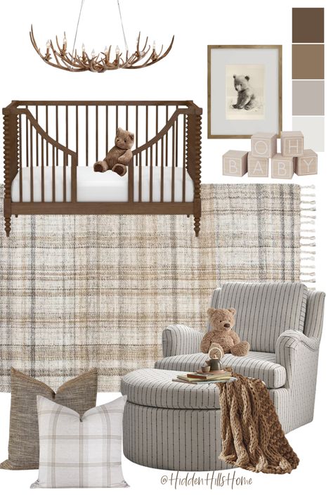 Rustic themed nursery mood board for a baby boys room! Bear Nursery Boy, Teddy Bear Nursery Theme, Bear Nursery Theme, Vintage Nursery Boy, Rustic Baby Boy Nursery, Teddy Nursery, Baby Boys Nursery, Brown Nursery, Boys Nursery Decor