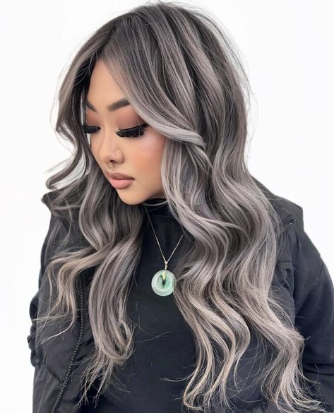 Muted Silver Highlights for Brunettes Brunette With Balayage, Smokey Brunette, Gray And Silver Highlights, Silver Highlights On Brown Hair, Dirty Blonde Highlights, Brown And Black Hair, Hair Styles For Girls, Silver Highlights, Brunettes