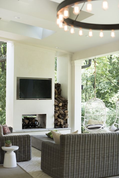 Client Project : Outdoor Living Space Tv Mount Ideas, Stucco Fireplace, Patio Remodel, Room For Tuesday, Outdoor Glider, Exterior Fireplace, Modern Outdoor Living, Adirondack Furniture, Beautiful Outdoor Living Spaces