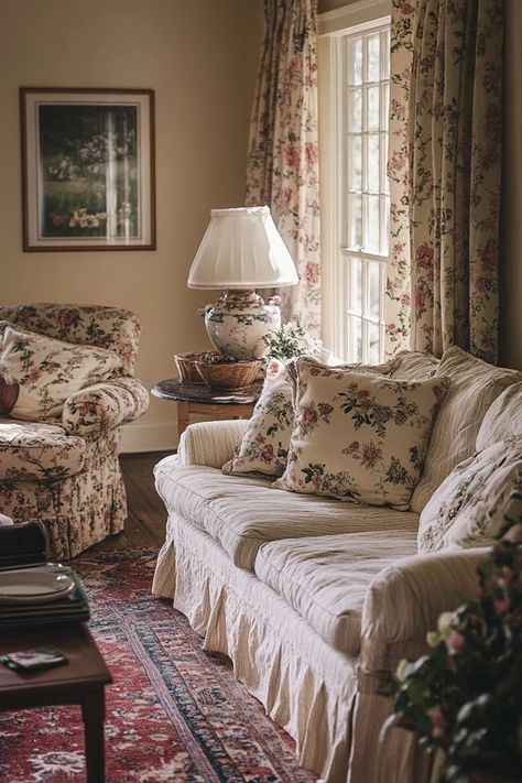 Grandma Style House, English Countryside Living Room, Cozy English Living Room, English Cottage Interiors Cozy, Cottage Couch, Grandmacore House, Cosy Cottage Living Room, Cottage Core Living Room, Cozy Cottage Living Room