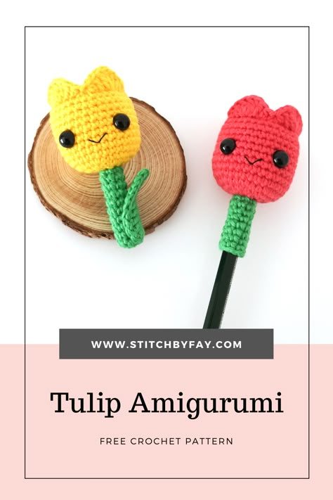 Need a last minute gift idea for Mother’s Day? I’ve got you covered with this sweet little tulip pattern. The pattern includes instructions for the full amigurumi as well as a pencil topper version. Really quick and easy to make. Crochet Pencil Cover, Pencil Topper Crochet Free Pattern, Pencil Toppers Crochet, Crochet Pen Toppers Free Pattern, Crochet Pencil Toppers Free Pattern, Tulip Amigurumi, Pencil Amigurumi, Crochet Pencil Toppers, Crochet Pencil