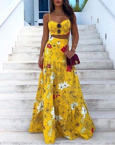 9aa42b31882ec039965f3c4923ce901bdesc42353794ri Maxi Skirt Crop Top, Rok Outfit, Floral Print Dress Summer, Long Skirt Summer, Beach Bohemian, High Waist Long Skirt, Floral Print Crop Top, Spaghetti Strap Crop Top, Maxi Rok