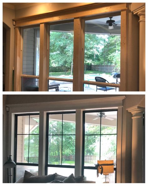 When I added craftsman window trim to this window. I realized something was missing. Contrast!!!! AND faux mullions using black electrical tape. You heard that right. Nobody can even tell 🤫.Thinking every other window will be getting the same treatments 😍This isn’t an updated photo, the window frame needed quite a bit of touching up. I’ll add a photo of the finished product. Black Framed Windows Living Room, Adding Window Mullions, Black Windows Stained Wood Trim, Diy Black Framed Windows, Diy Window Mullions, Window Mullions, Electric Tape Window, Change Window Frame Color, How To Install Transom Window