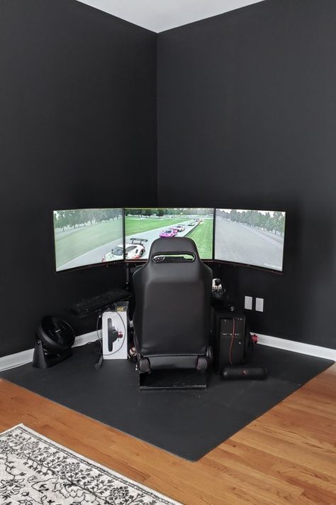 Dark Corner for Racing Sim Black Wall Gaming Room, Gamer Room Black, F1 Gaming Setup, Racing Simulator Room, Race Car Gaming Setup, Racing Room, Office Design Trends, Daybed Room, Wall Game