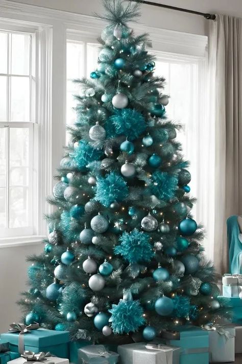 Turquoise Christmas Tree Ideas, Teal Christmas Tree Ideas, Christmas Themes 2024, Teal Christmas Decor, Christmas Tree Turquoise, Aqua Christmas Tree, Blue Christmas Decor Ideas, Turquoise Christmas Decor, Peacock Christmas Decorations