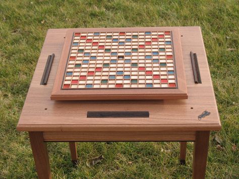 Scrabble Table with Rotating Top (Mahogany, Maple, and Wenge) Scrabble Table, Outdoor Scrabble, Woodwork Tips, Diy Scrabble, Patio Games, Board Game Storage, Scrabble Board, Wood Games, Rustic Crafts