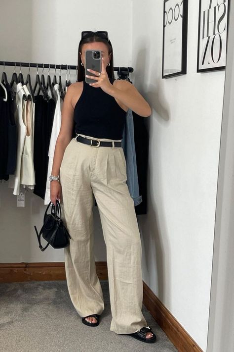 20 Stylish Linen Trousers Outfit Ideas: Inspiration For The Perfect Linen Pants Outfits - ItsAllBee | Solo Travel & Adventure Tips Tan Linen Pants Outfit, Linen Pants Outfit Fall, Beige Linen Pants Outfit, Trousers Outfit Ideas, Linen Pants Outfits, Linen Pants Work, Linen Trousers Outfit, Linen Pants Outfit Summer, Tailored Pants Outfit