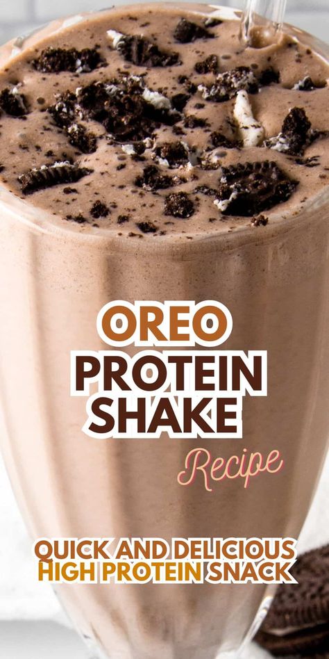 This easy Oreo Protein Shake Recipe has 27g of protein and makes a delicious protein snack or dessert. Treat yourself to a guilt-free cookies & cream protein milkshake! Oreo Protein Shake Recipes, Cookies N Cream Protein Shake, Chocolate Protein Shake Recipes, Cookies And Cream Protein Shake, Oreo Protein Shake, Vanilla Protein Shake Recipes, Protein Powder Recipe, Protein Powder Recipes Shakes, Protein Drink Recipes