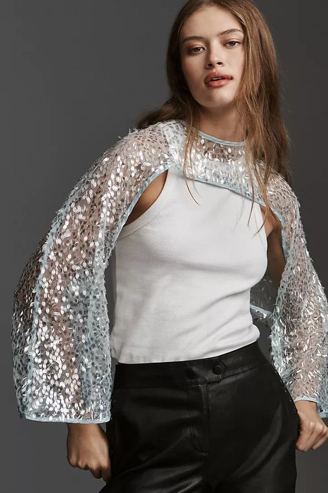 By Anthropologie Sequin Shrug | Anthropologie Sequin Shrug, Shrug Jacket, Sequin Sleeve, Crochet Shrug, Green Fits, Christmas Party Dress, Blue Fits, 50 Fashion, Winter Looks