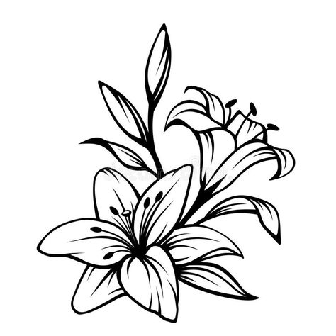 Black contour of lily flowers. Vector illustration. royalty free illustration Lily Images, Lilies Drawing, Lily Flower Tattoos, Tattoo Style Drawings, Diy Tattoo, Flower Clipart, Floral Theme, Arte Floral, Creative Tattoos