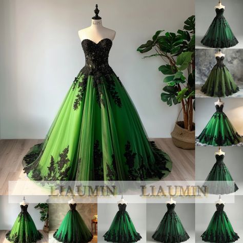 Emerald Green Wedding Dress, Strapless Ball Gown, Green Wedding Dresses, Emerald Green Weddings, Strapless Evening Dress, Quince Dress, Green Tulle, Princess Skirt, Lace Ball Gowns