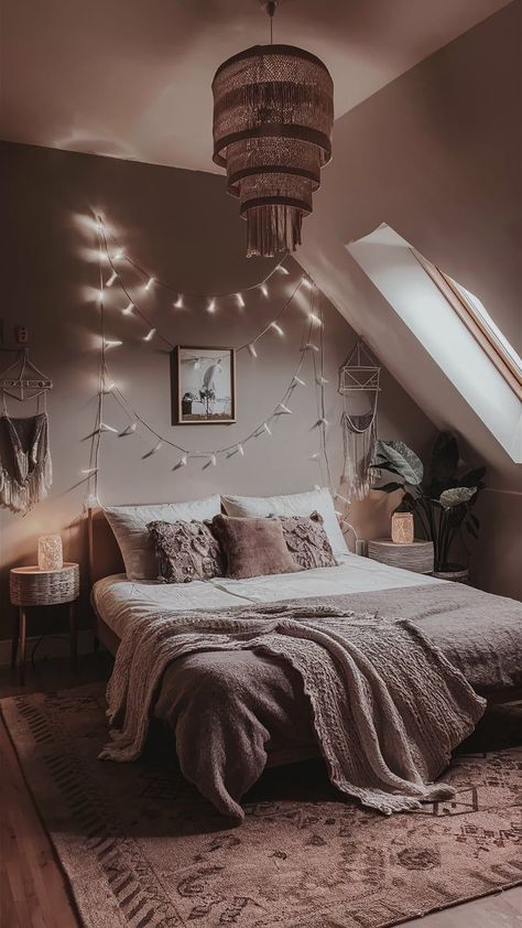 A dreamy boho bedroom illuminated by string lights, lanterns, and soft, ambient lighting for a magical atmosphere Boho Bedroom With Fairy Lights, Whimsical Lighting, Boho Style Bedroom, Fairy Lights Bedroom, Cozy Boho, Bohemian Bedroom, Style Bedroom, Set The Mood, New Bathroom