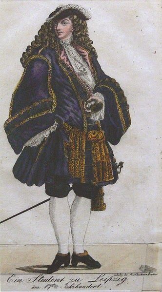 Student wearing petticoat breeches (around hips), long coat, captain's hat, and wig (c 1680) J.S.Bach was a student at Michaelisschule in Luneburg 1700-1702. This image is notated as a student of Leipzig Cyrano Costumes, Baroque Mens Fashion, 17 Century Fashion Men, Captain Clothes, 17 Century Fashion, European Fashion Spring, Wicked Lovely, European Fashion Fall, Baroque Clothing