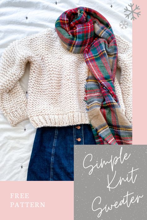 Chunky Knit Sweater Pattern Free, Simple Knit Sweater, Chunky Sweater Pattern, Chunky Knit Sweater Pattern, Easy Sweater Knitting Patterns, Garter Stitch Knitting, Simple Sweater, Knitting Patterns Free Sweater, Jumper Knitting Pattern