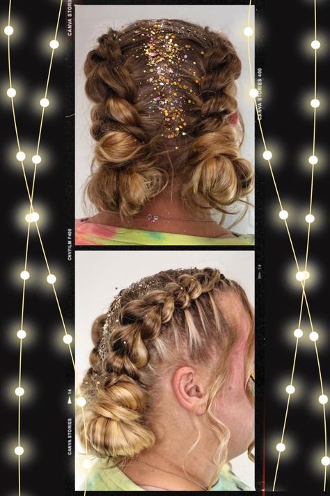 Party hair; dragon braids with glitter zig-zag parting and and easy bun Braids With Glitter, Braid Buns, Dragon Braid, Era Tour, Easy Bun, Hair Buns, Party Hair, Party Hairstyles, Curly Girl