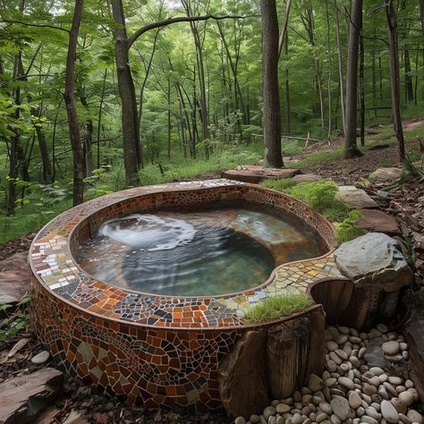 Stone Hot Tub, Hot Tub Ideas Backyard, Sauna Garden, Eco Punk, Holistic Retreat, Stock Tank Hot Tub, Survival Prep, Stone Cabin, Outdoor Hot Tub