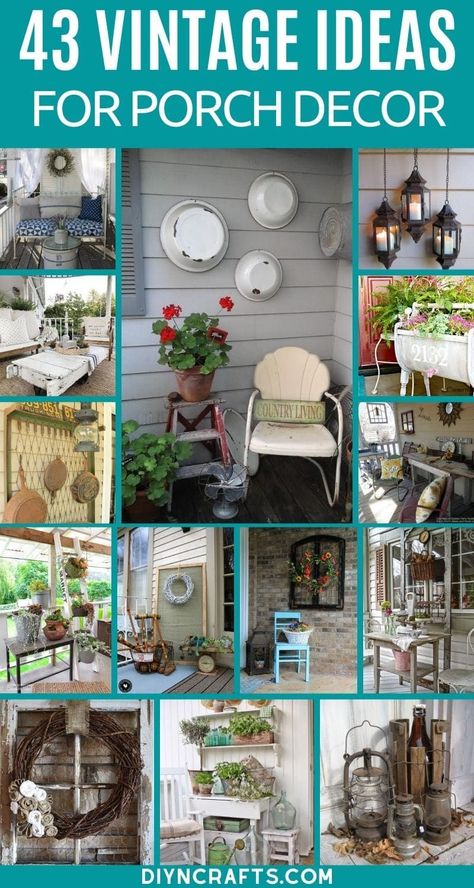 Update your home with these amazing vintage porch decor ideas that bring lively classic styles to your porch with only a few additions! Vintage decor ideas are a great way to add style to small spaces! #VintageDecor #VintagePorchDecor #PorchDecor #Porch #Vintage #Farmhouse #RusticStyle Vintage Porch Decor Farmhouse Style, Mismatched Chairs Front Porch, Farmhouse Exterior Decor Ideas, Small Patio Wall Ideas, Small Country Porch Ideas, Style A Front Porch, Vintage Back Porch Ideas, Vintage Backyard Decor, Vintage Ideas Design