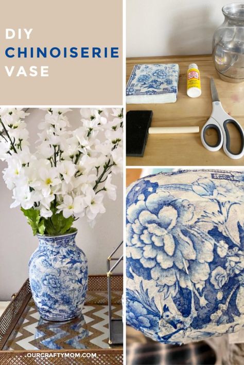 Napkin Crafts Decoupage, Decorated Vases, Decoupage On Glass, Diy Decoupage, Transfers On Vases, Diy Blue And White Vase, Decapodge Ideas Diy, Modge Podge Vase, Decoupage Vases