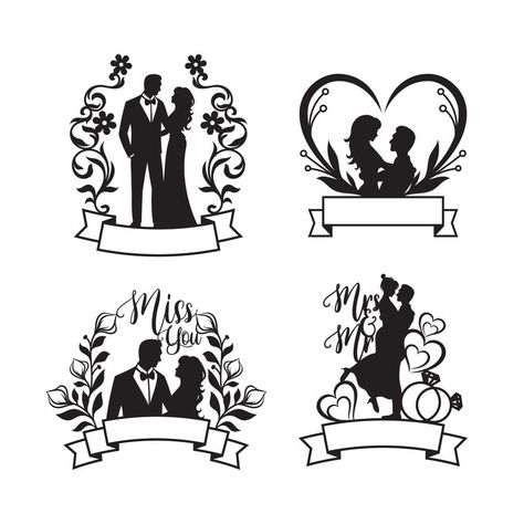 Set of bride and groom silhouette illustration, happy couple Wedding Silhouette Couple, Bride And Groom Silhouette, Idee Cricut, Couple Silhouette, Wedding Silhouette, Silhouette Illustration, Wedding Art, Wedding Stickers, Silhouette Art