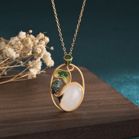 Vintage Pendant Necklace, Lotus Pendant, Jade Necklace, White Jade, Natural Jade, Jade Stone, Oval Pendant, Jade Pendant, Koi Fish