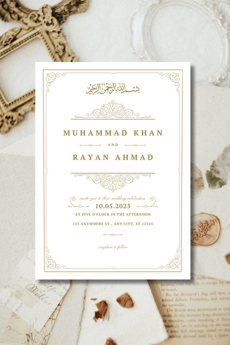 A white and Gold digital islamic wedding invitation. it is regal and vintage looking, it is elegant and sophisticated. it is a digital invitation completely customizable. Nikkah Cards Invitations, Nikkah Invitation Cards, Islamic Engagement, Wedding Card Background, Muslim Wedding Card, Simple Wedding Invitation Card, Nikkah Invitation, Wedding Nikkah, Simple Wedding Cards