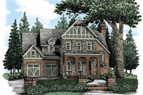 Plan #927-484 - Houseplans.com Bathroom Cottage, Tudor House Plans, Tudor Cottage, European Plan, Cottage Floor Plans, European House Plan, Tudor Style Homes, European House, Craftsman Style House Plans