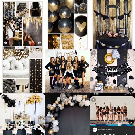 Gold And Black Bachelorette Party, Black White And Gold Bachelorette Party, Black And Rose Gold Bachelorette Party, Bachelorette Party Ideas Black And White, Black And Gold Bachelorette Party, Black And White Bachelorette Party, Sparkle Bachelorette Party, Bach Party Decorations, Black Bachelorette