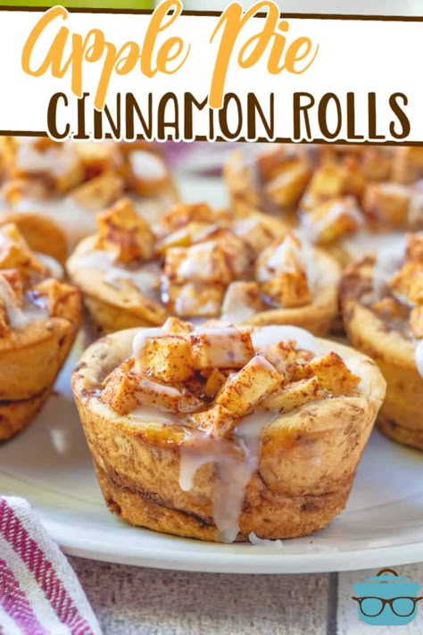 Easy Apple Pie Cinnamon Rolls start off with refrigerated cinnamon rolls then are filled with a delicious and easy to make apple pie filling! Apple Pie Cinnamon Roll Cups, Apple Pie Cinnamon Roll Muffins, Cinnamon Roll Apple Pie Cups, Cinnamon Roll Cups, Pillsbury Cinnamon Roll Recipes, Easy Apple Pie Filling, Apple Pie Cinnamon Rolls, Cinnamon Roll Apple Pie, Cinnamon Roll Muffins