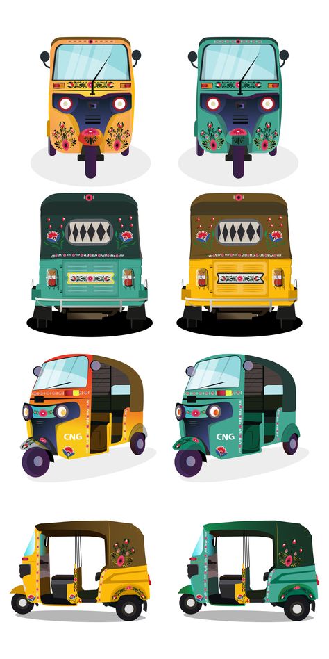 Set of auto-rickshaw illustrations in India. with rickshaw paint on it | Tashaa36 Indian Transport Illustration, Autorickshaw Drawing, Auto Rickshaw Illustration, Auto Rickshaw Drawing, Rickshaw Illustration, Indian Auto Rickshaw, Rickshaw Paint, Rickshaw Painting, Rickshaw Art