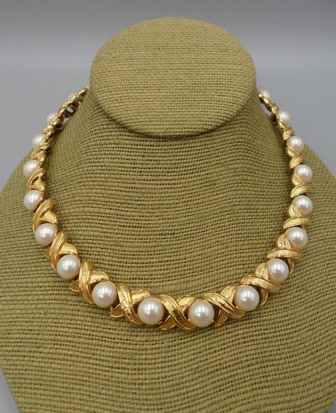 1990s Napier Signed XO Collar Necklace Brushed Gold Plated - Etsy Moldova Gold Necklace Pearl, Antique Gold Necklace With Pearl Chain, Luxury Gold Plated Traditional Pearl Necklace, Traditional Gold Pearl Choker, Pearl And Coral Gold Chain, Jwellary Design, Gold Bollywood Style Pearl Chain Jewelry Sets, Gold Pearl Choker Bengali, Pearl And Gold Necklace