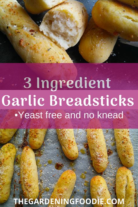 Yeast free and no knead, this 3 ingredient  Garlic Breadsticks is one of my easiest and quickest bread type recipes ever. Breads Without Yeast, Quick And Easy Bread Recipes No Yeast, Homemade Breadsticks Without Yeast, Bread Sticks Recipe Easy No Yeast, Easy Breadsticks Recipe, 3 Ingredient Bread No Yeast, No Yeast Garlic Knots, Easy Homemade Garlic Knots, Garlic Bread Sticks Recipe Easy