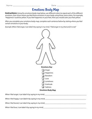 Help students make body-mind connections by creating an emotions body map! They'll use different colors to signal different emotions, then color in the parts of the body to show where they feel each emotion. Growth Mindset Lesson Plans, Emotions Worksheet, Feelings Lessons, Social Emotional Learning Lessons, Map Worksheets, Social Studies Worksheets, Maps For Kids, 2nd Grade Worksheets, Body Map