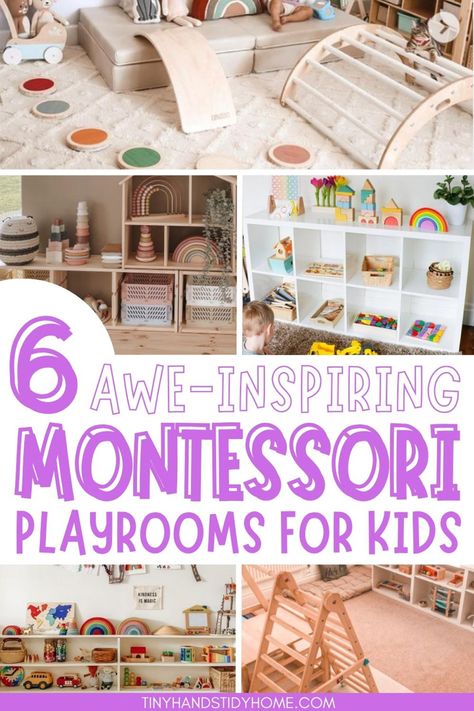 Collage of Montessori playroom ideas. Playroom Ideas Minimalist, Playroom Ideas Montessori, Simple Playroom Ideas, Montessori Room Ideas, Playroom Minimalist, Montessori Toddler Bedroom, Playroom Layout, Montessori Playroom Ideas, Minimalist Playroom