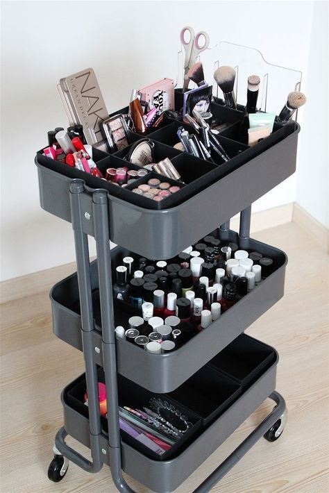 17 Makeup Storage Ideas You'll Surely LoveFacebookGoogle+InstagramPinterestTumblrTwitterYouTube 3 Tier Cart Makeup Organization, Ikea Makeup Storage, Raskog Ikea, Nail Organizer, Makeup Cart, Ikea Raskog Cart, Diy Makeup Organizer, Ikea Makeup, Ikea Cart