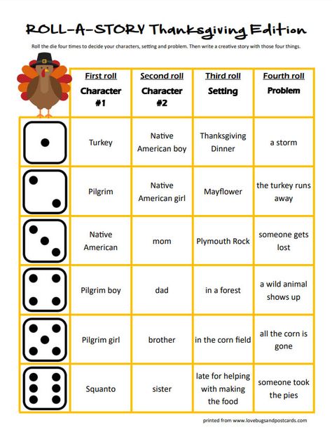 Thanksgiving Roll-A-Story (free printable) - Lovebugs and Postcards Thanksgiving Roll A Story, Halloween Roll A Story, Thanksgiving Games Free Printable, Roll A Story Free Printable, Roll A Turkey, After School Club Activities, Thanksgiving Family Activities, Thanksgiving Writing Prompts, Thanksgiving Classroom Activities