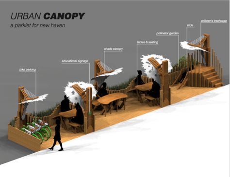 Misha Semenov and Kassandra Leiva's competition-winning design for the Urban Canopy. University Park Design, Street Furniture Design Public Spaces, Public Seating Architecture, Parklet Design Public Spaces, Placemaking Public Spaces Urban Design, Urban Park Public Spaces, Street Design Public Spaces, Urban Furniture Design Public Spaces, Street Furniture Public Spaces