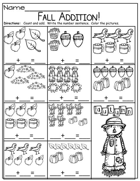 Simple Addition sentences for fall! Fall Math Worksheets, Fall Math Kindergarten, Kindergarten Math Addition, Fall Addition, Addition Worksheet, Kindergarten Math Free, Fall Worksheets, Kindergarten Math Worksheets Free, Math Coloring Worksheets