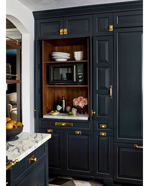 microwave cabinet ideas • Instagram Microwave Cabinet Ideas, Black Gloss Kitchen, New Orleans Kitchen, Walnut Interior, Gloss Kitchen Cabinets, Microwave Cabinet, Microwave Shelf, Gloss Kitchen, Black Gloss