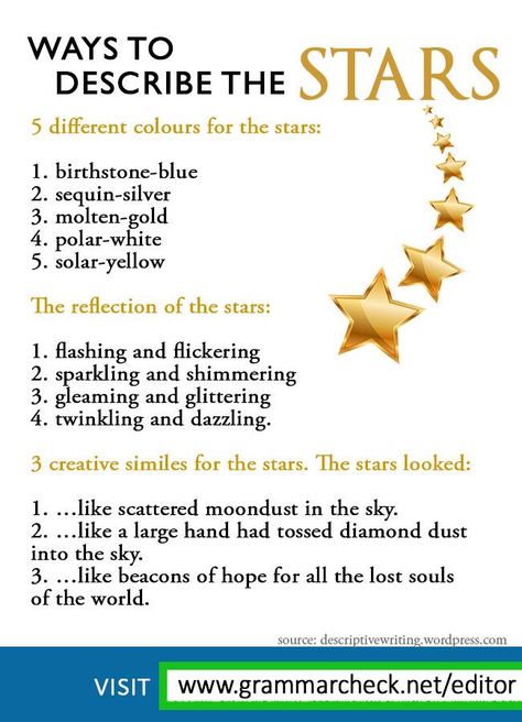 Ways to describe the Stars How To Describe The Night Sky, Writing Brainstorming, Color Emotions, Novel Tips, English Notes, Improve Writing Skills, Grammar English, Writing Folders, Poetry Prompts