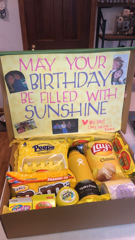 Birthday Boxes For Friends, Diy Snack Boxes Gift Ideas Birthday, Color Themed Birthday Gift Baskets, Birthday Snack Box Gift Diy, Theme Box Gift Ideas, Small Birthday Box Ideas, Sunshine Box Ideas Birthday, Birthday Box For Brother, Yellow Birthday Box Ideas