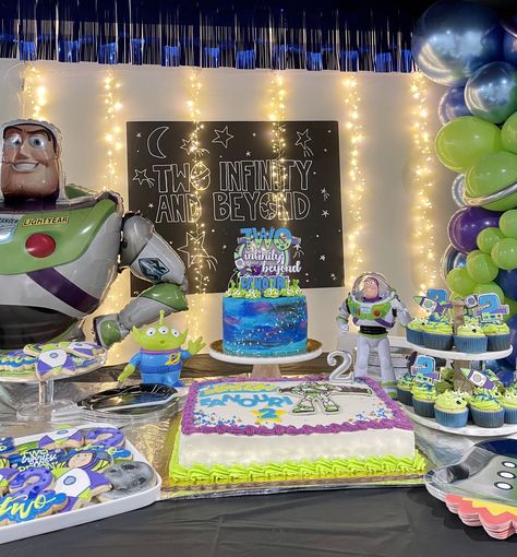 Two Year Old Buzz Lightyear Party, Diy Buzz Lightyear Cake, Buzzlight Year Party Ideas, Two Infinity And Beyond Birthday Buzz, Two Infinity And Beyond Backdrop, Two Infinity And Beyond Birthday Ideas, Buzzlight Year Cake Ideas, Buzzlight Year Birthday Theme, 2 Infinity And Beyond Birthday Cake