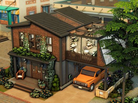 The Sims Resource - The Latchmere (NO CC) Sims 4 Small Business, Small Houses Sims 4, Newcrest Layout, Sims 4 City Build, Sims 4 Artist House, Sims 4 Industrial House, Sims Small House, Sims 4 Boho House, Sims Tiny House