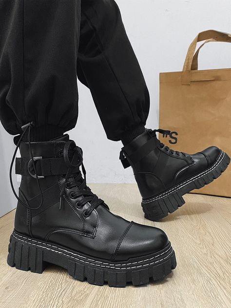 Black  Collar   Plain Combat Boots Embellished   Men Shoes Black And White Boots For Men, Techwear Boots Men, Types Of Boots For Women, Mens Black Combat Boots, Men's Boots Outfit, Shoes Style For Men, Emo Boots Men, Men’s Platform Boots, Fancy Boots Men