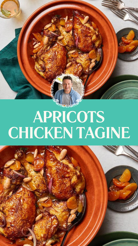 Jamie Oliver Apricots Chicken Tagine Apricot Chicken Tagine, Chicken And Apricot Tagine, Moroccan Apricot Chicken, Apricot Recipes Dinner, Turkish Chicken Recipes, Greek Fava, Tagine Recipes Chicken, Jamie Oliver 30 Minute Meals, Olive Oil Chicken