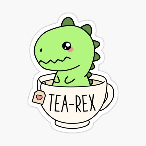 This funny T-Rex design depicts a cute Tyrannosaurus Rex dinosaur sitting in a cup of tea. The design reads "Tea-Rex" and has a cute kawaii chibi art theme! Makes a great design for tea lovers or dinosaur lovers or for anyone who loves dinosaurs, drinking • Millions of unique designs by independent artists. Find your thing. Tea Rex Tattoo, Rawr Dinosaur Cute, Kawaii Chibi Art, Tea Rex, Cute T Rex, Dinosaur Mug, Funny Art Prints, T Rex Humor, Mini Project